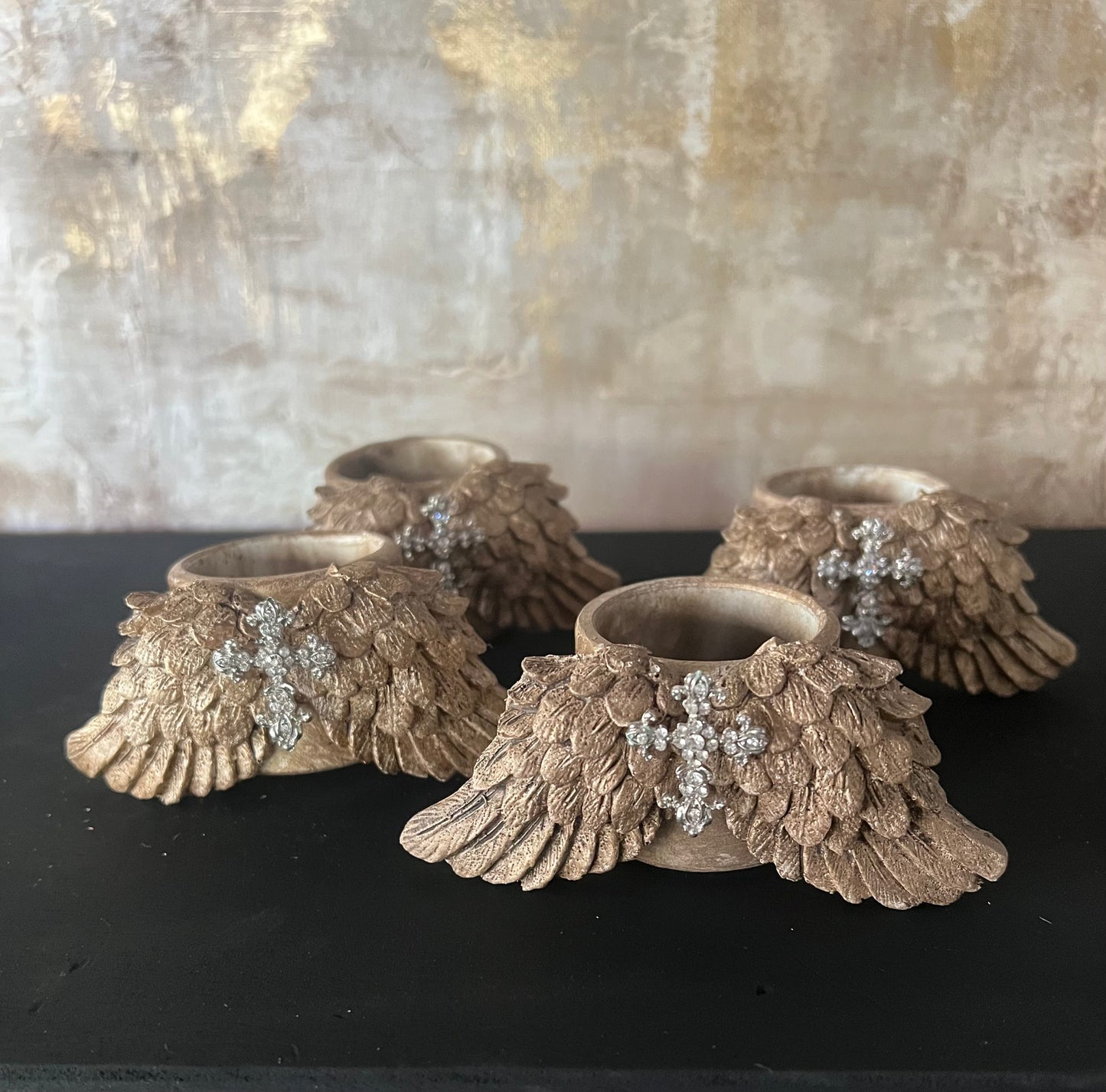 Angel Wing Napkin Ring Set with Crystal Crosses