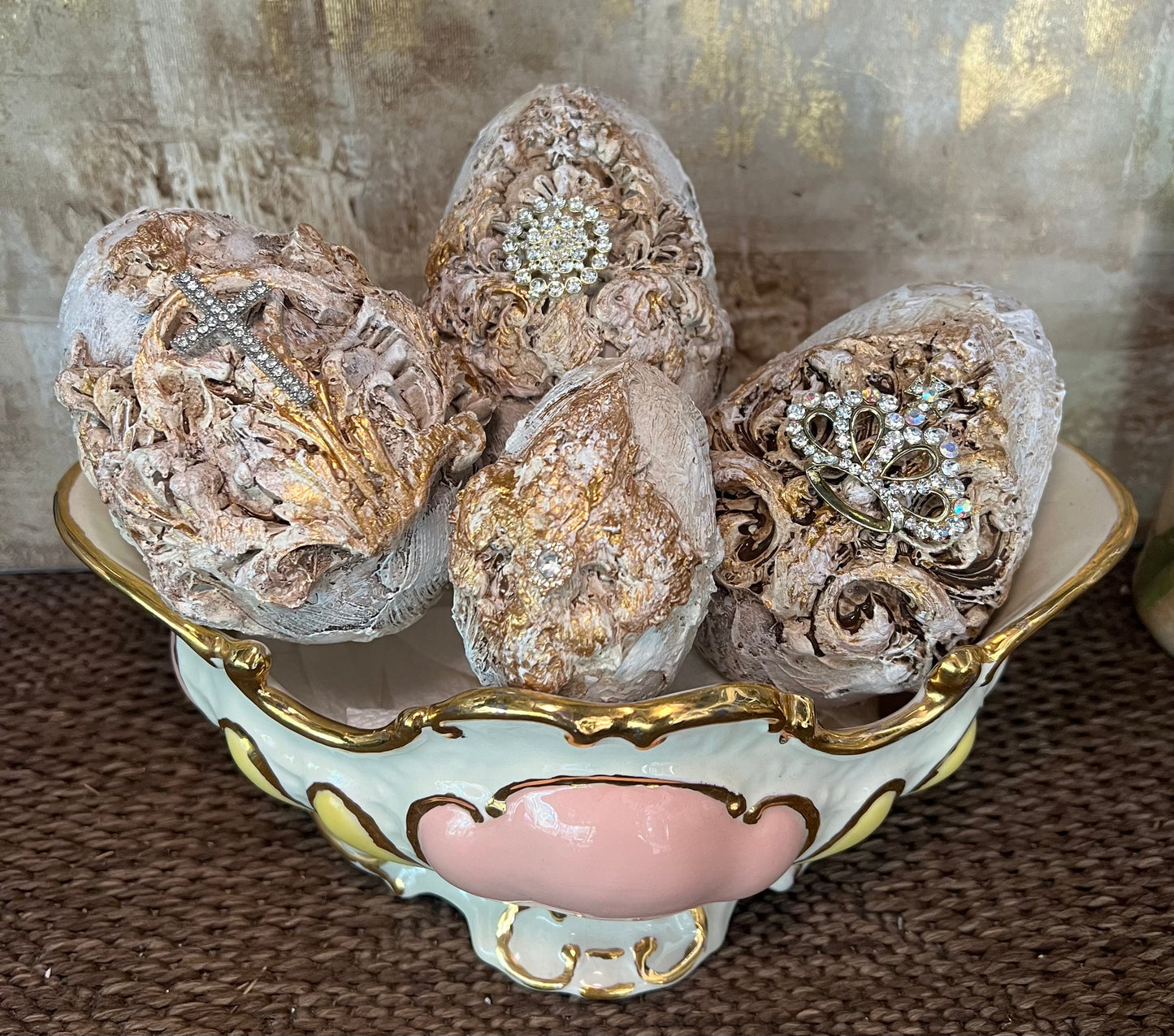 Vintage-Inspired Pink & Gold Ceramic Bowl with Embellished Easter Eggs