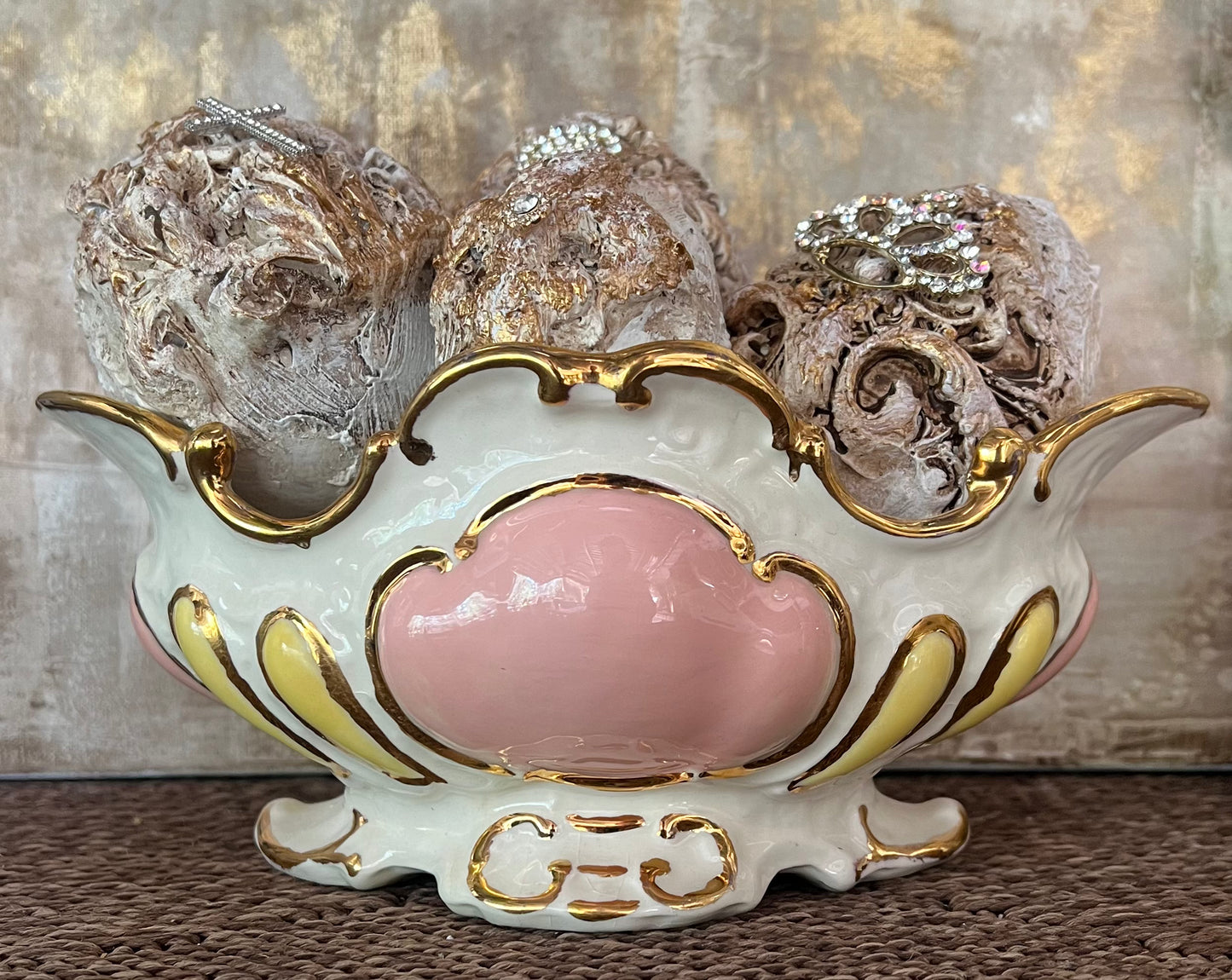 Vintage-Inspired Pink & Gold Ceramic Bowl with Embellished Easter Eggs