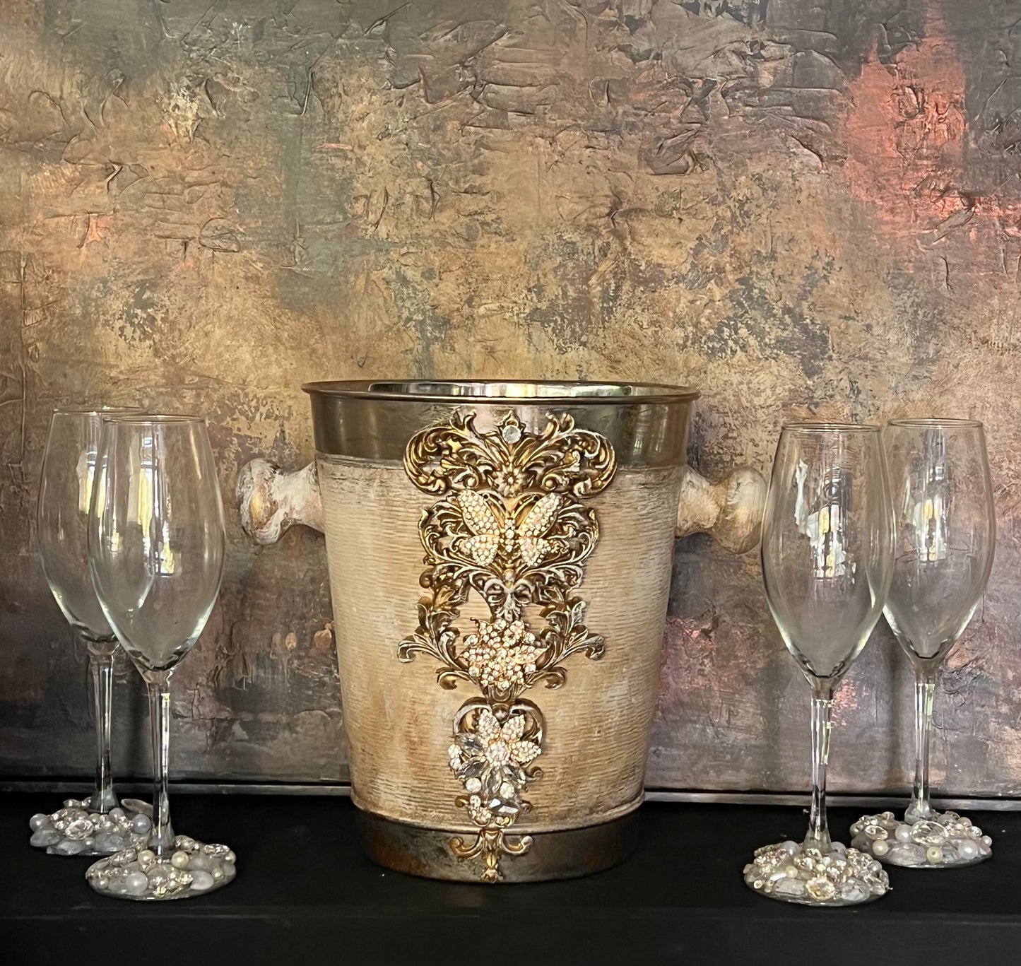 Regal Jewel-Adorned Ice Bucket & Champagne Flute Set
