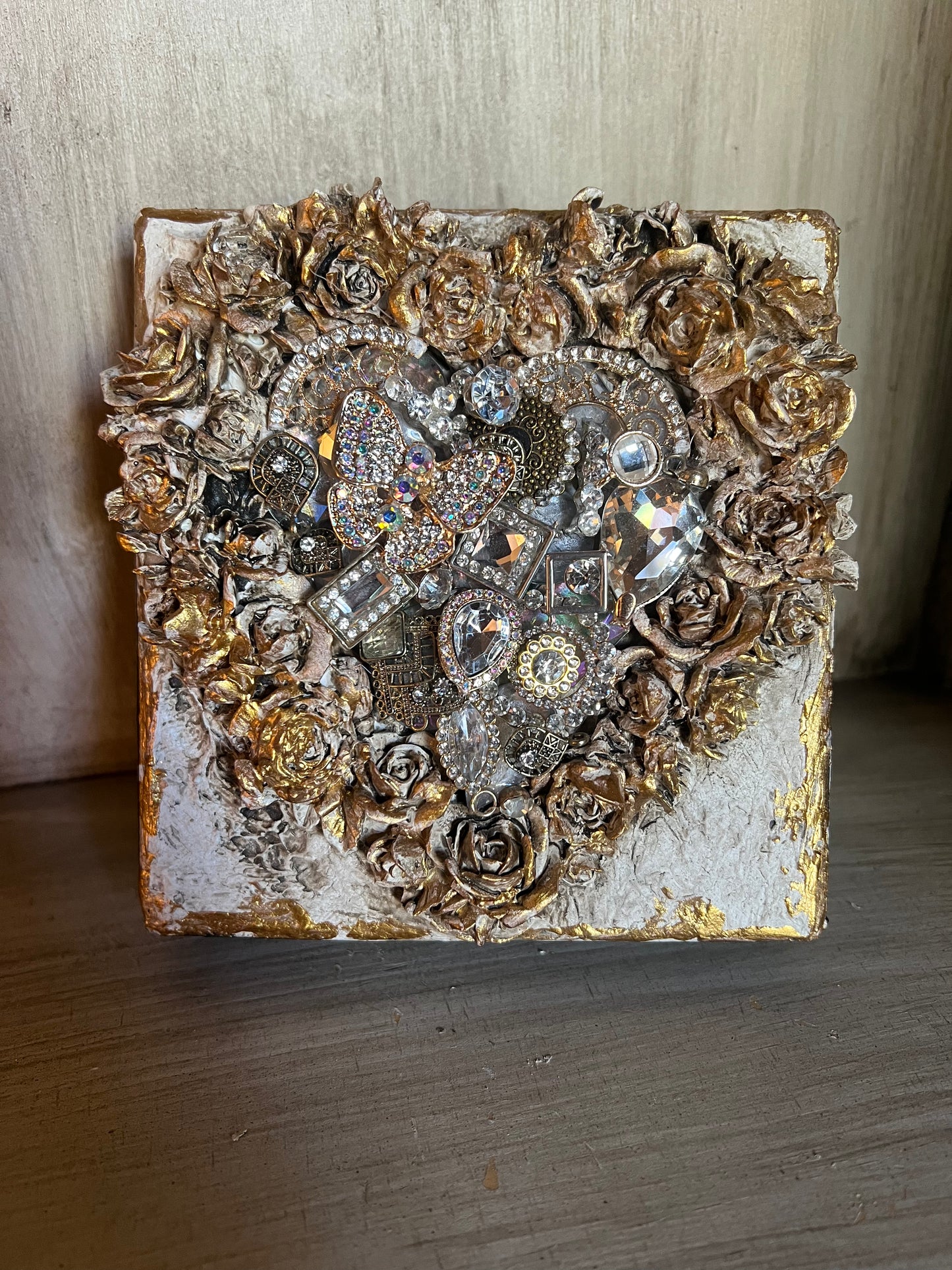 Jeweled Heart Adorned Wood Block