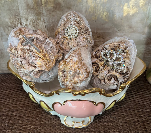Vintage-Inspired Pink & Gold Ceramic Bowl with Embellished Easter Eggs